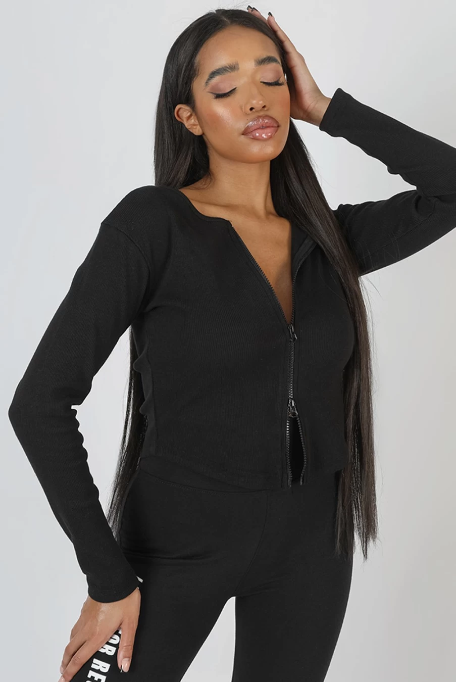 Public Desire Women's Black Double Ended Zip Ribbed Cropped Top