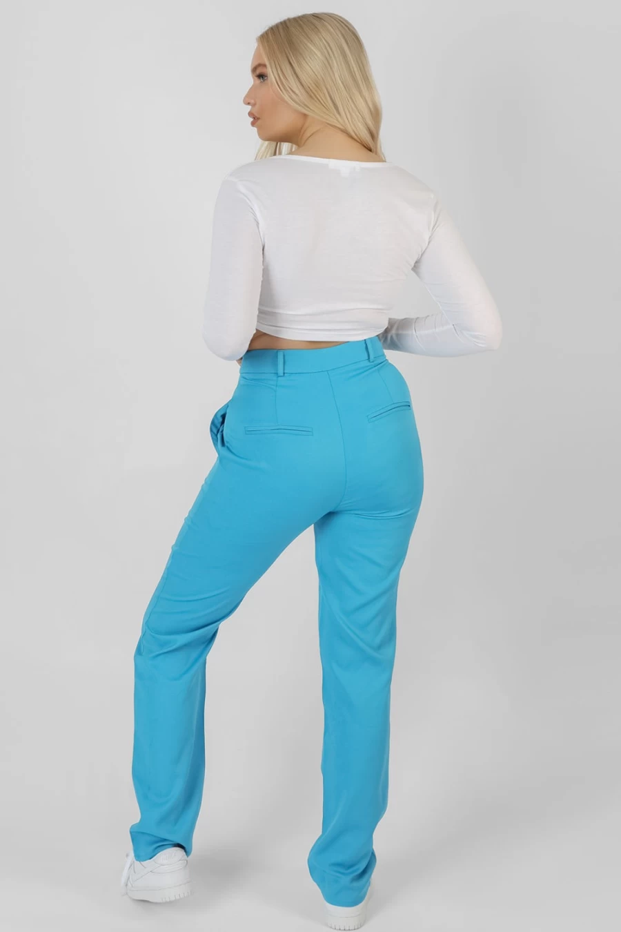 "Public Desire Women's Blue High Waist Straight Leg Trousers with Wrap Detail"