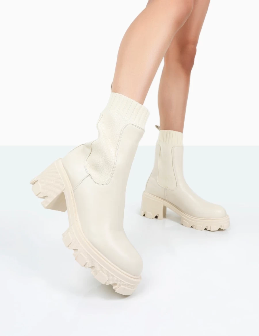 Public Desire Women's Ecru Everdeen Chunky Heel Platform Sock Ankle Boots in PU & Knit
