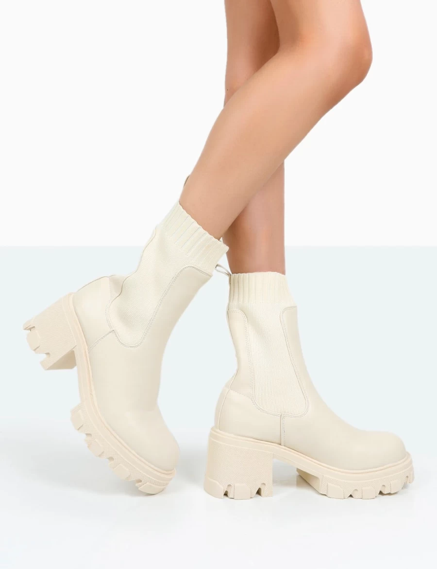Public Desire Women's Ecru Everdeen Chunky Heel Platform Sock Ankle Boots in PU & Knit
