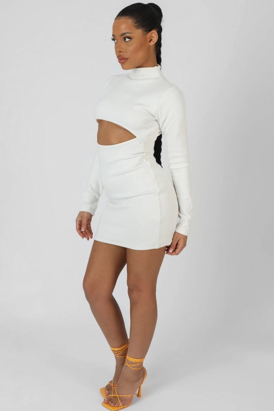 Public Desire Women's Ivory Long Sleeve Waist Cut Out Mini Dress
