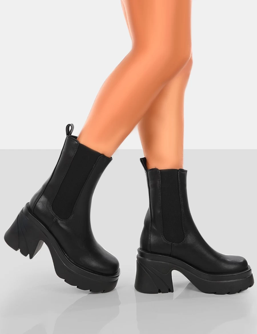 "Public Desire Women's Black Chunky Heel Ankle Boots with Platform Sole"