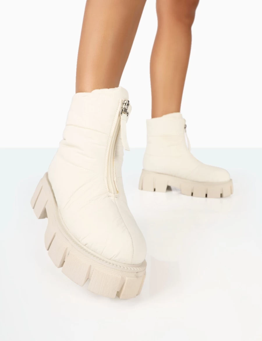 Public Desire Women's Ecru Puffy Nylon Chunky Sole Snow Ankle Boots Zip Up