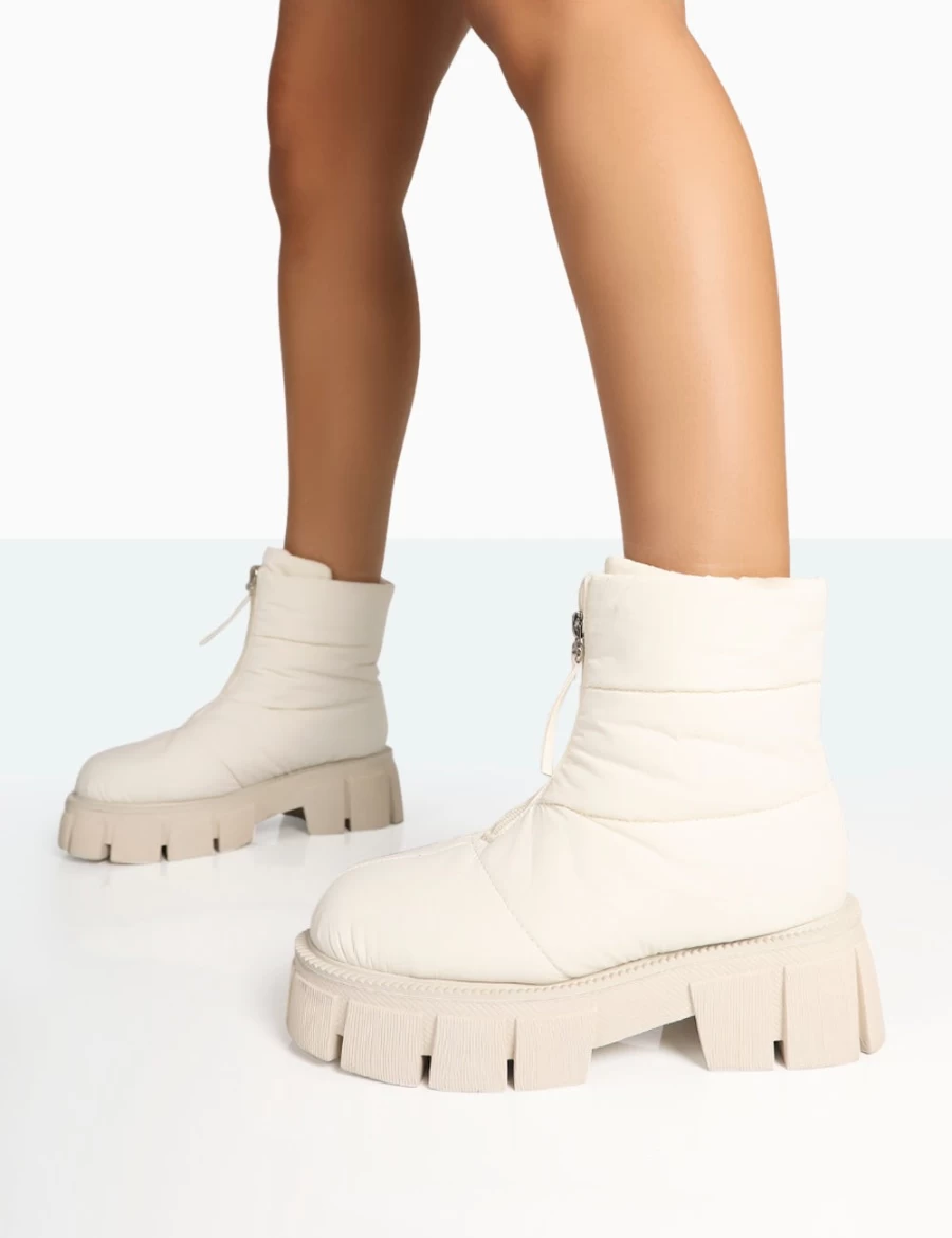 Public Desire Women's Ecru Puffy Nylon Chunky Sole Snow Ankle Boots Zip Up