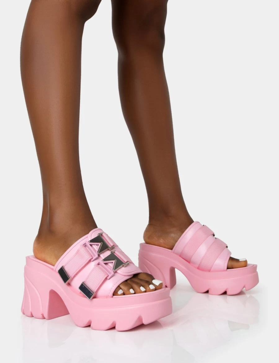Public Desire Women's Pink Oslo Buckle Mule Sandals with Platform Mid Heel