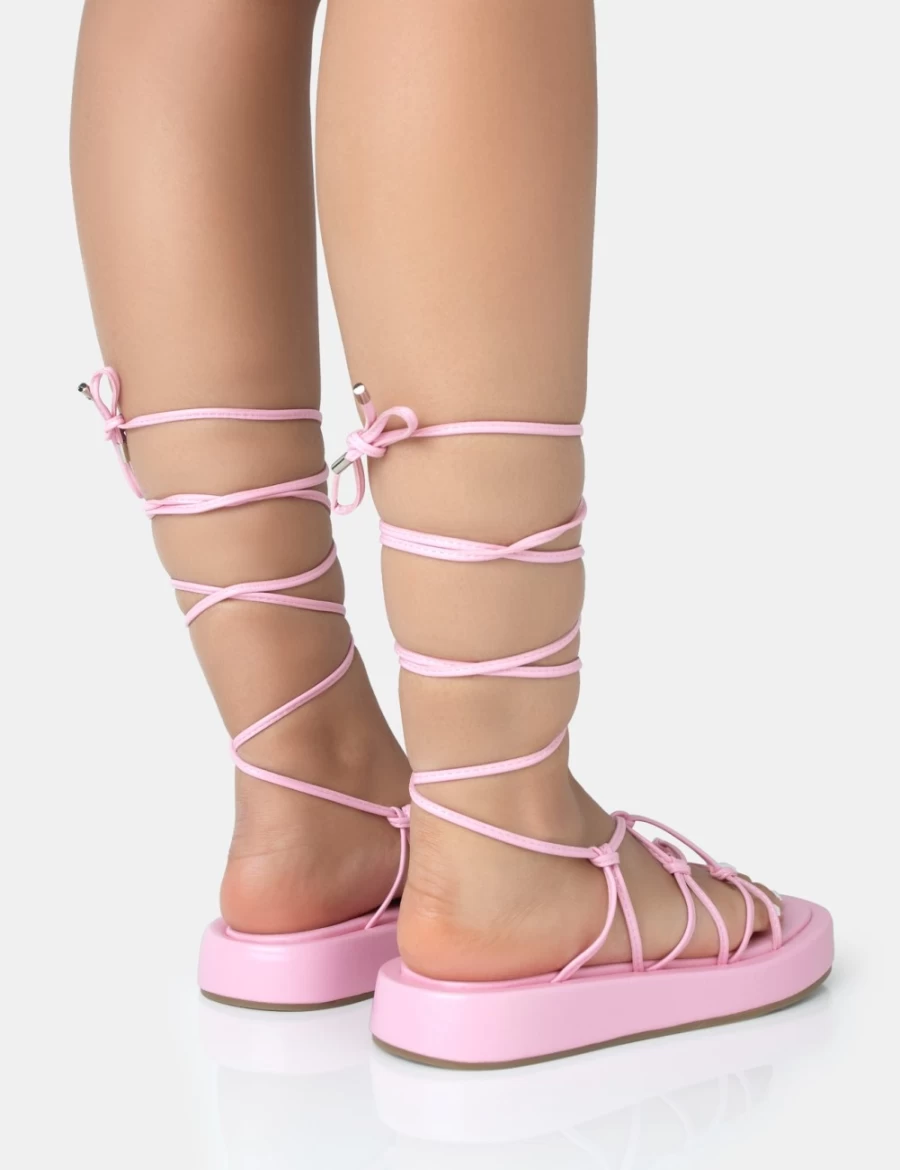 Public Desire Women's Pink Flatform Lace-Up Sandals for Girls