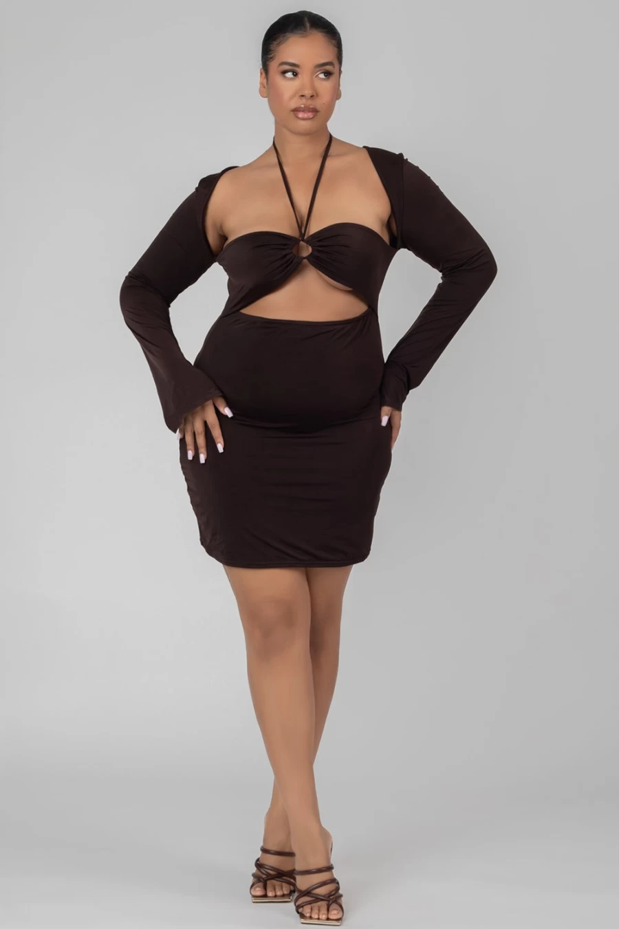 Public Desire Women's Brown Curve Slinky Ruch Bust Cut Out Long Sleeve Dress