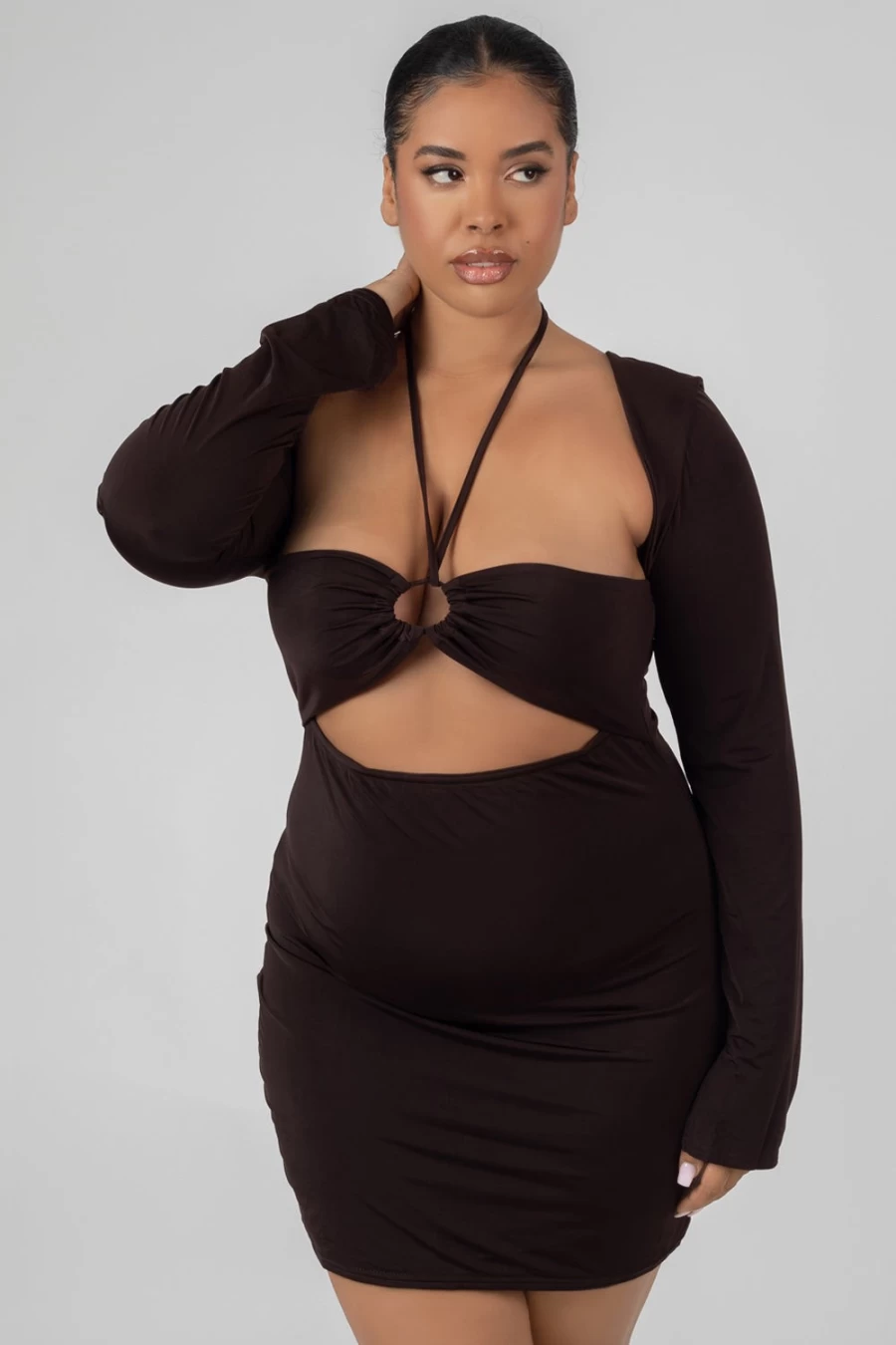 Public Desire Women's Brown Curve Slinky Ruch Bust Cut Out Long Sleeve Dress