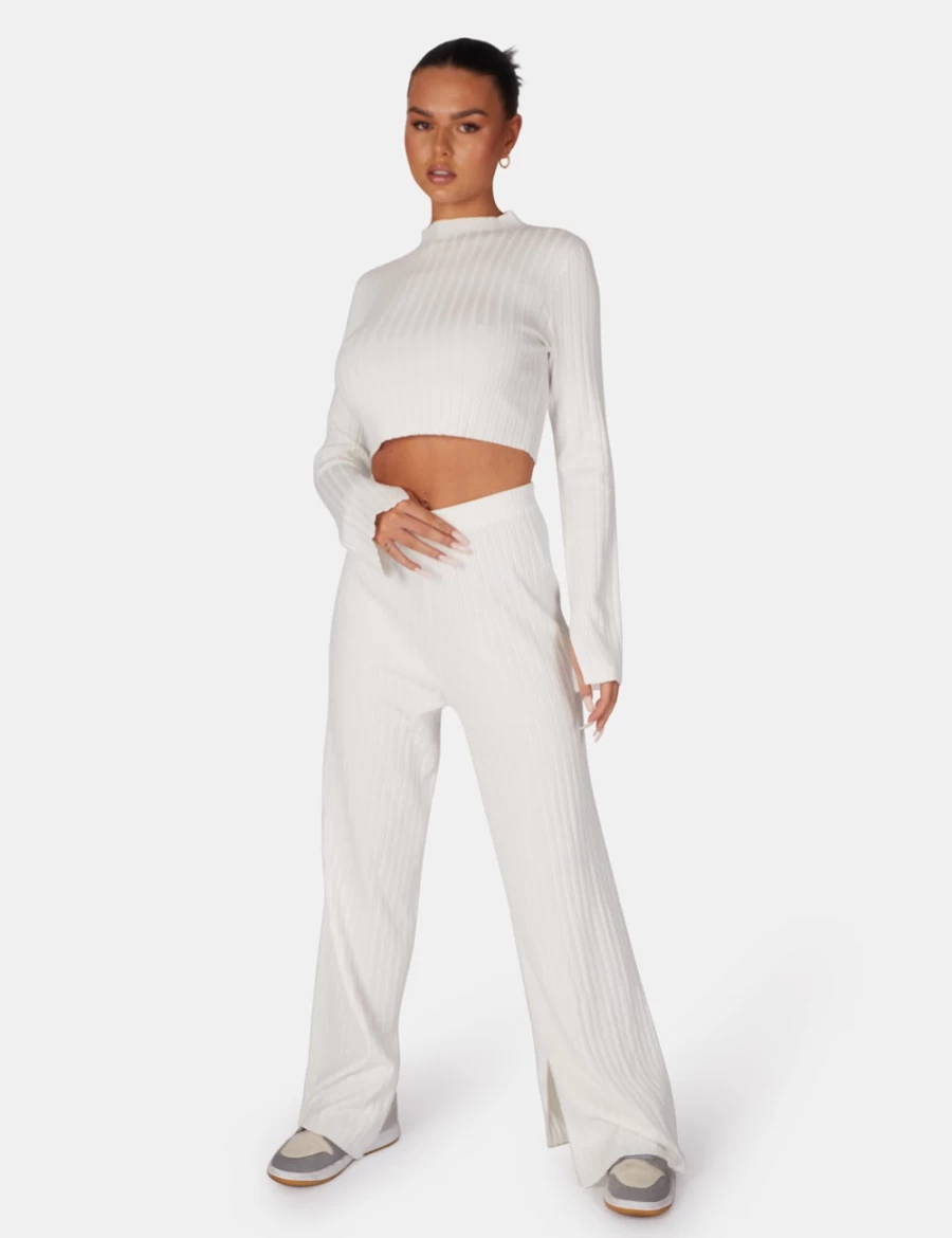 Public Desire Women's White V Front Wide Leg Ribbed Knit Trousers