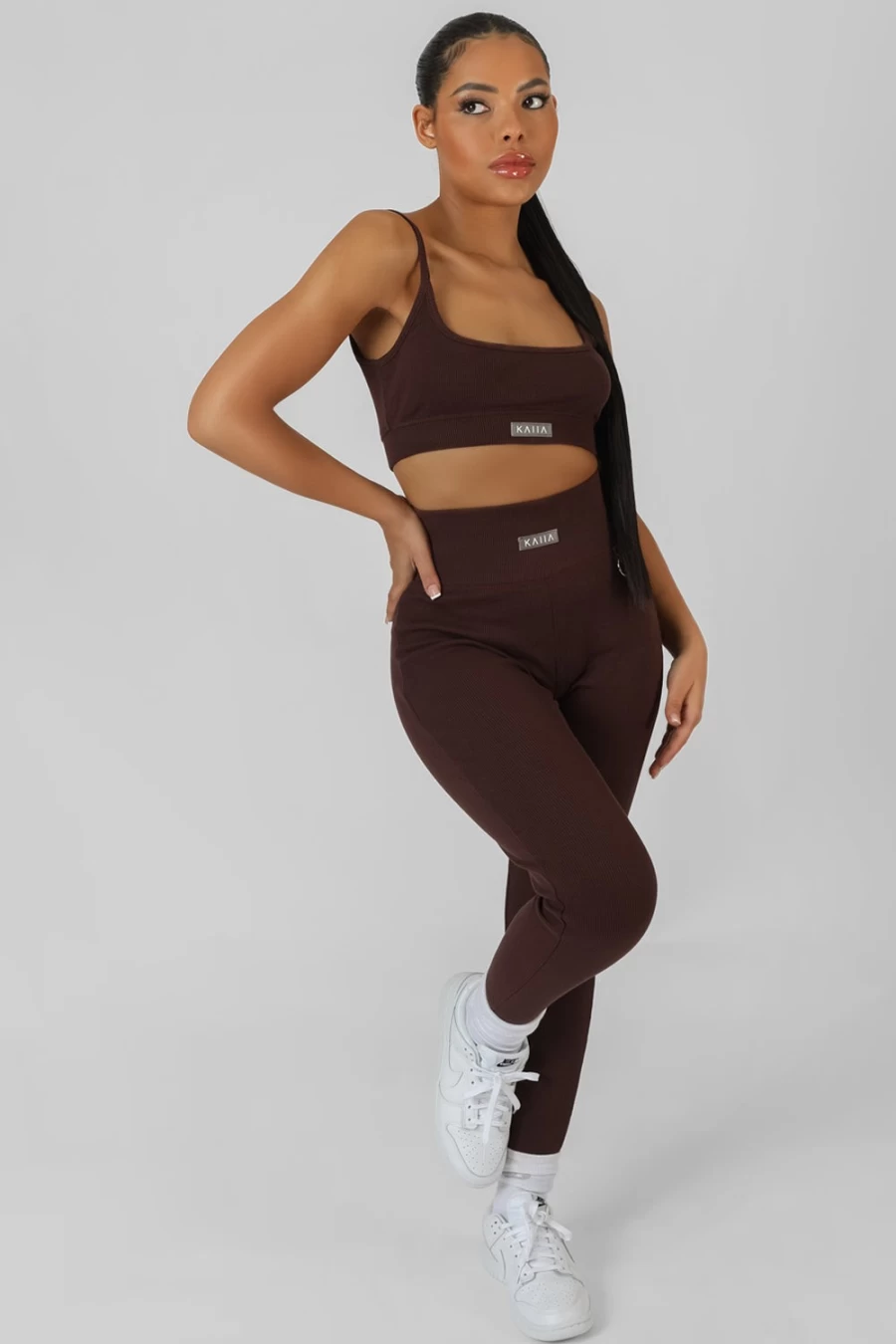 Public Desire Women's Square Neck Kaiia Sport Bralet in Chocolate - Strappy Comfort Fit