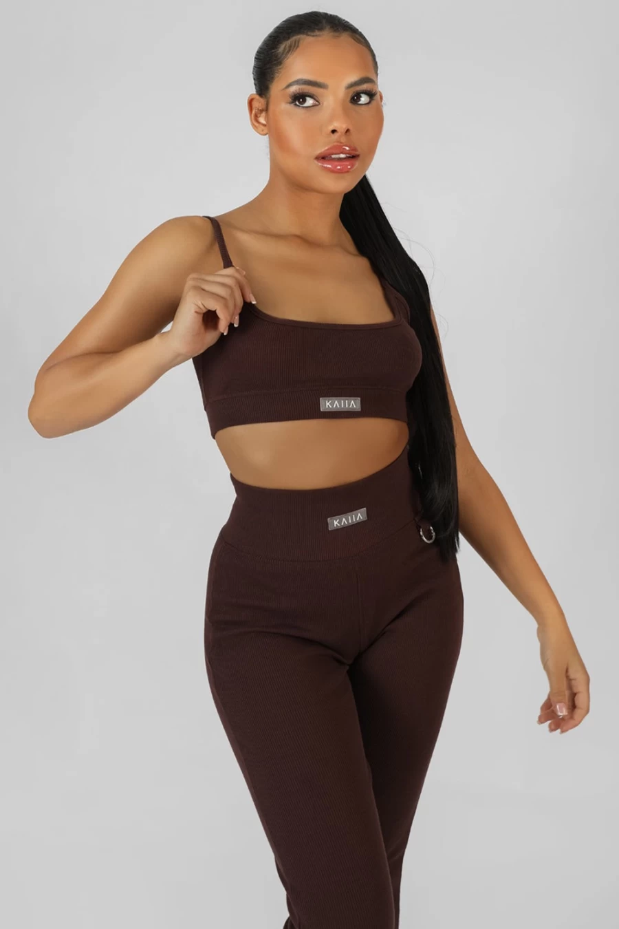 Public Desire Women's Square Neck Kaiia Sport Bralet in Chocolate - Strappy Comfort Fit