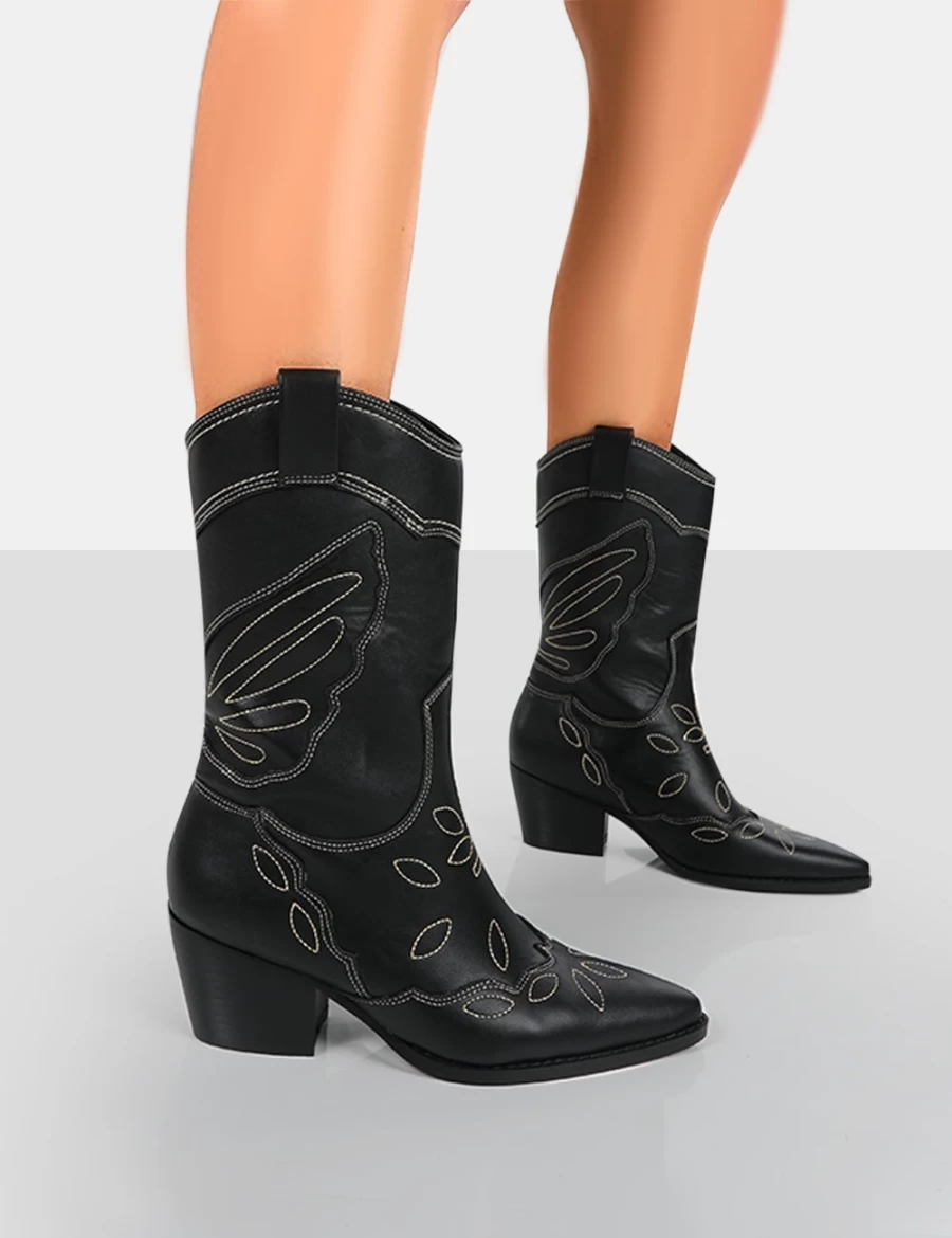 Public Desire Women's Black Howdy Pu Western Ankle Boots - Pointed Toe Cowboy Boots