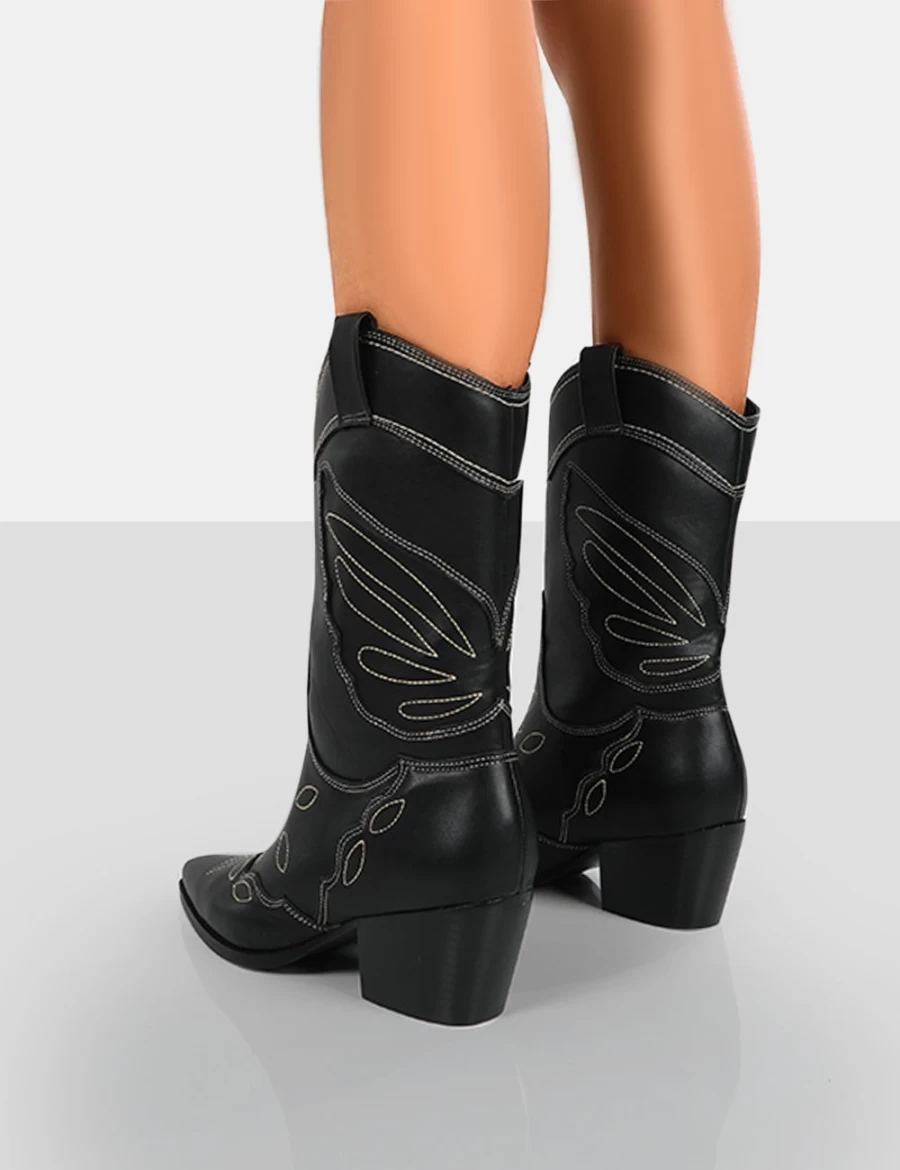 Public Desire Women's Black Howdy Pu Western Ankle Boots - Pointed Toe Cowboy Boots