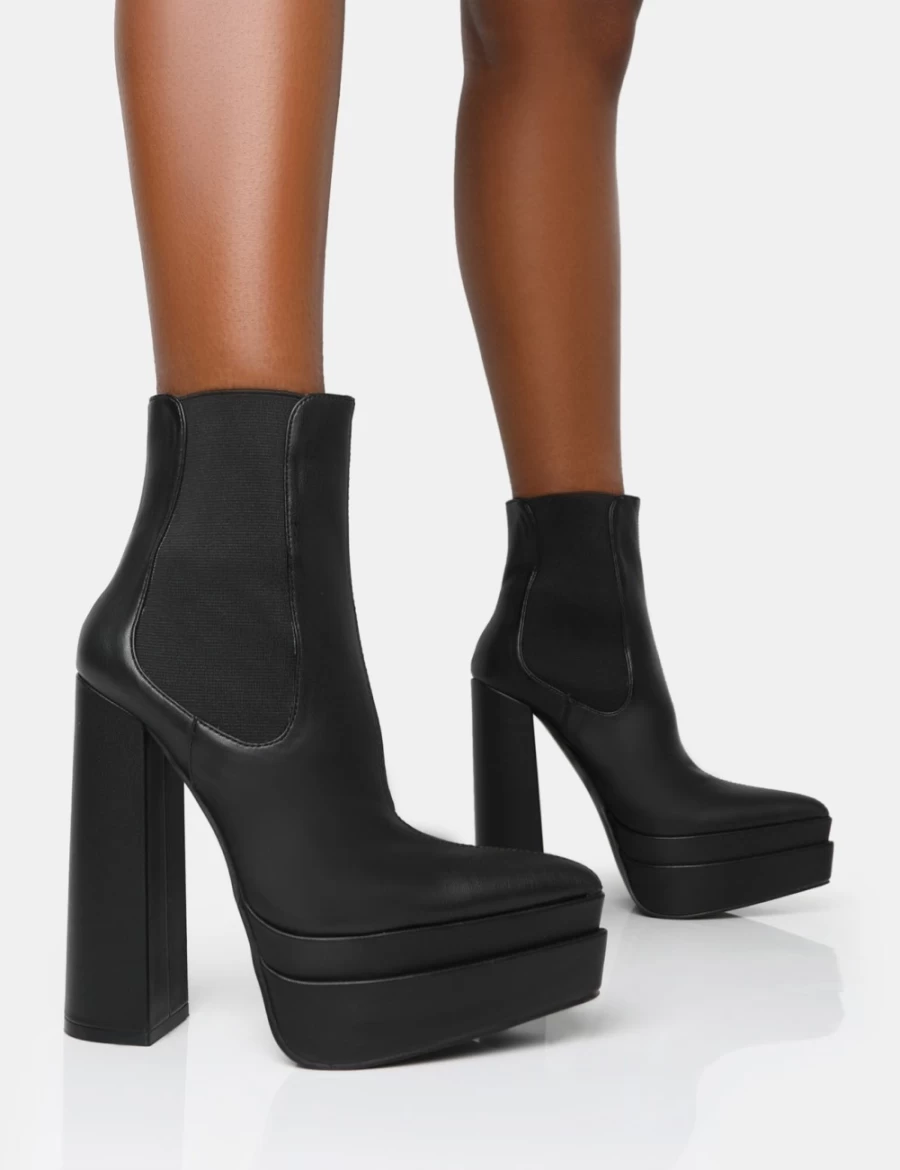 Public Desire Women's Black Cady Pu Platform Ankle Boots with Pointed Toe & Block Heel