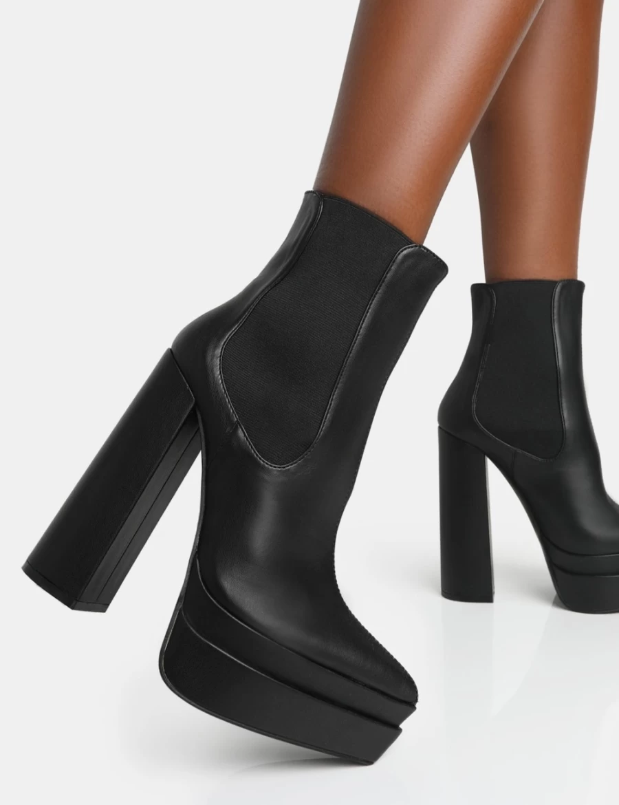 Public Desire Women's Black Cady Pu Platform Ankle Boots with Pointed Toe & Block Heel
