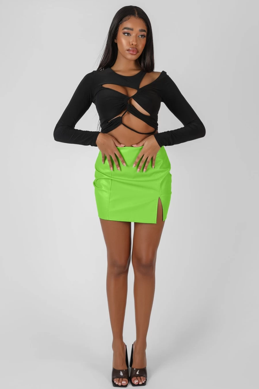 Public Desire Women's Green PU Mini Skirt - Faux Leather High Waist Short Skirt