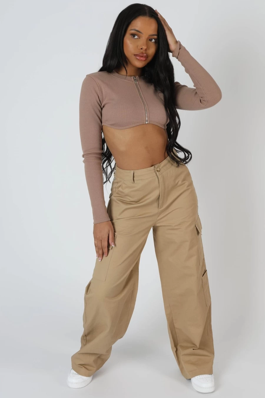 Public Desire Women's Sand Zip Through Underbust Ribbed Crop Top