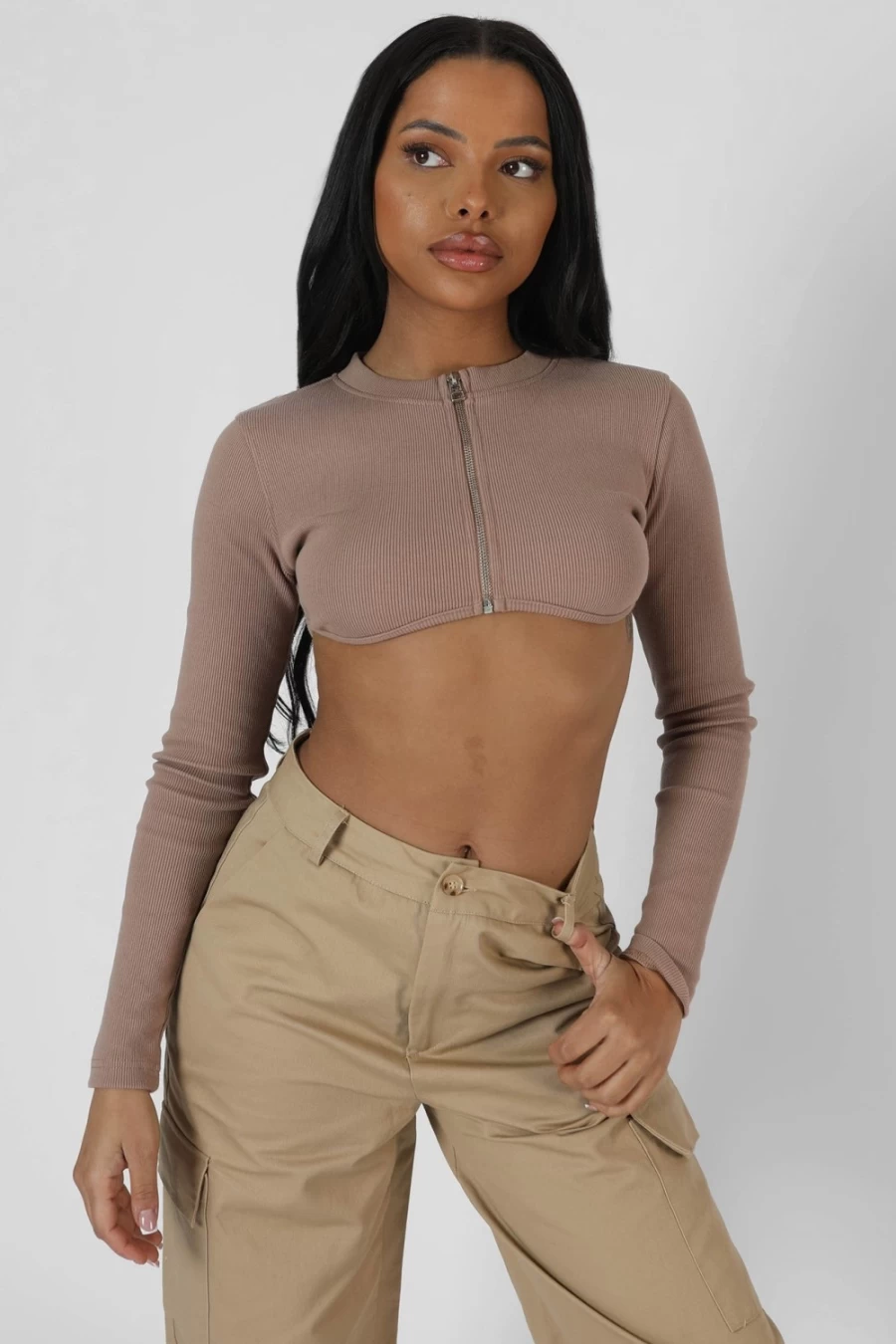 Public Desire Women's Sand Zip Through Underbust Ribbed Crop Top