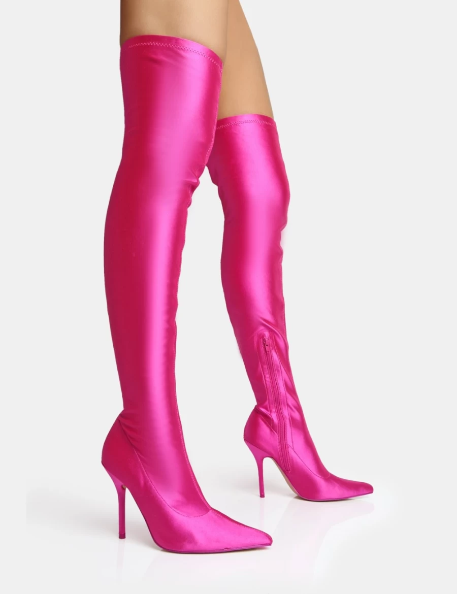 Public Desire Women's Pink Instinct Lycra Pointed Toe Stiletto Thigh High Boots