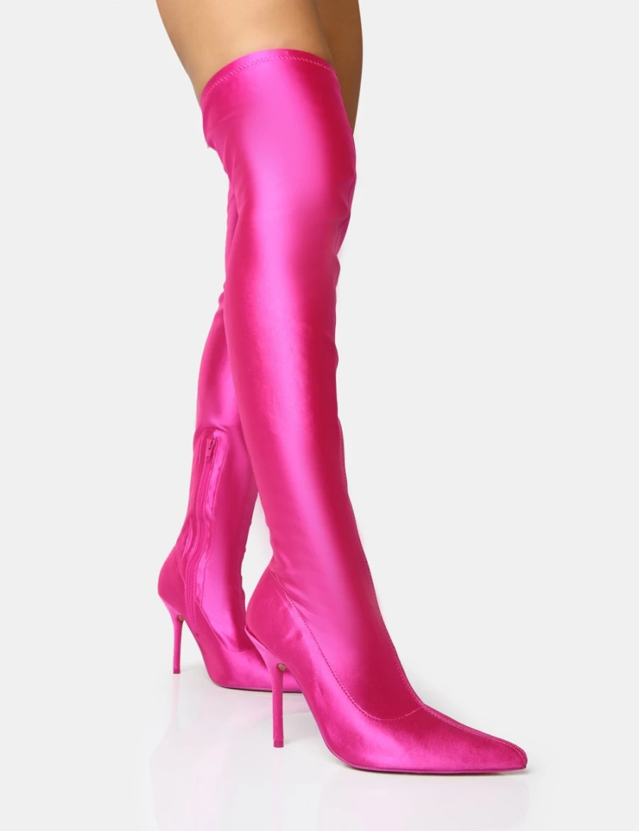 Public Desire Women's Pink Instinct Lycra Pointed Toe Stiletto Thigh High Boots