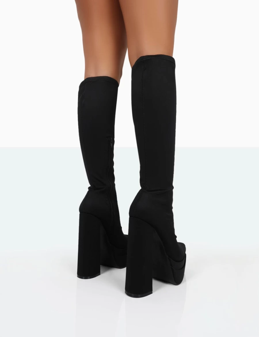 Public Desire Women's Black Knee High Block Heel Boots - Pointed Toe Lycra Platform Boots for Women