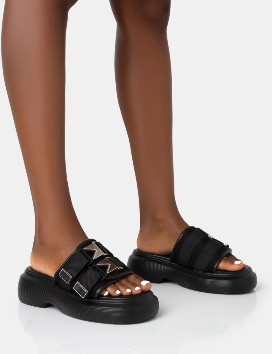 Public Desire Women's Black Trace Buckle Mule Chunky Heel Sandals