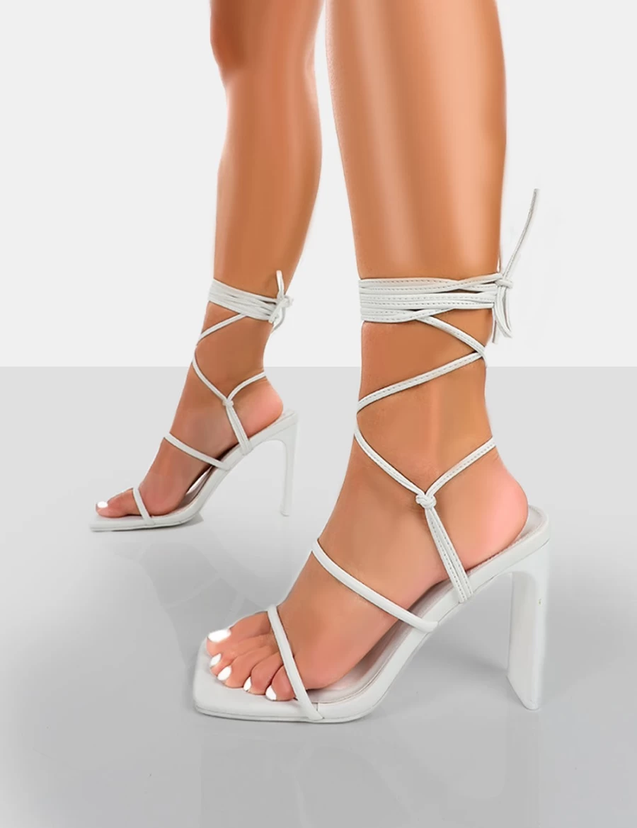 Public Desire Women's White Strappy Square Toe Lace Up Heels - Chloe PU High Heels