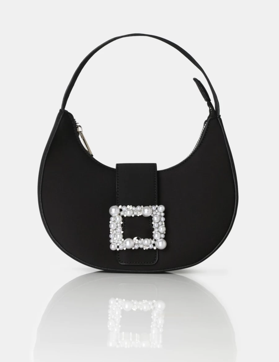 Public Desire Women's Black Pearl Satin Mini Bag with Buckle Detail