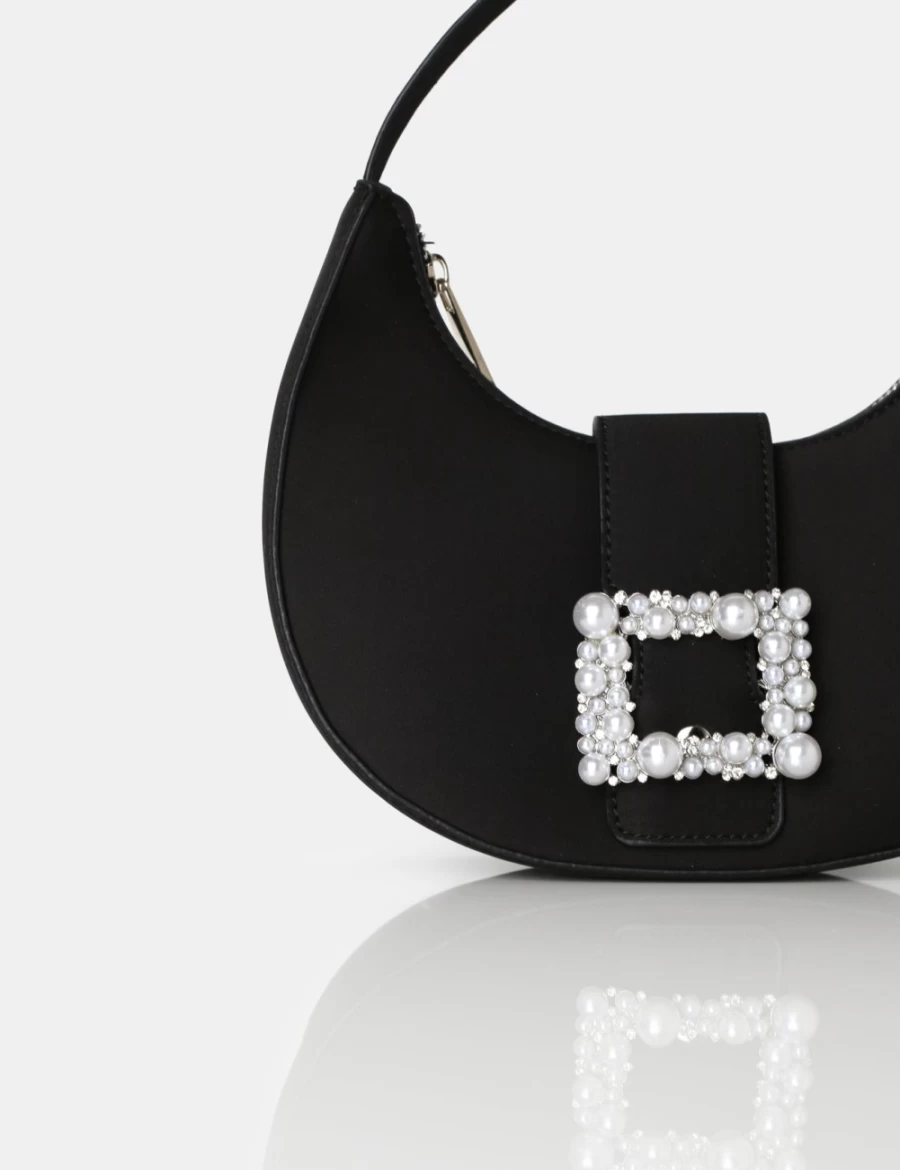 Public Desire Women's Black Pearl Satin Mini Bag with Buckle Detail