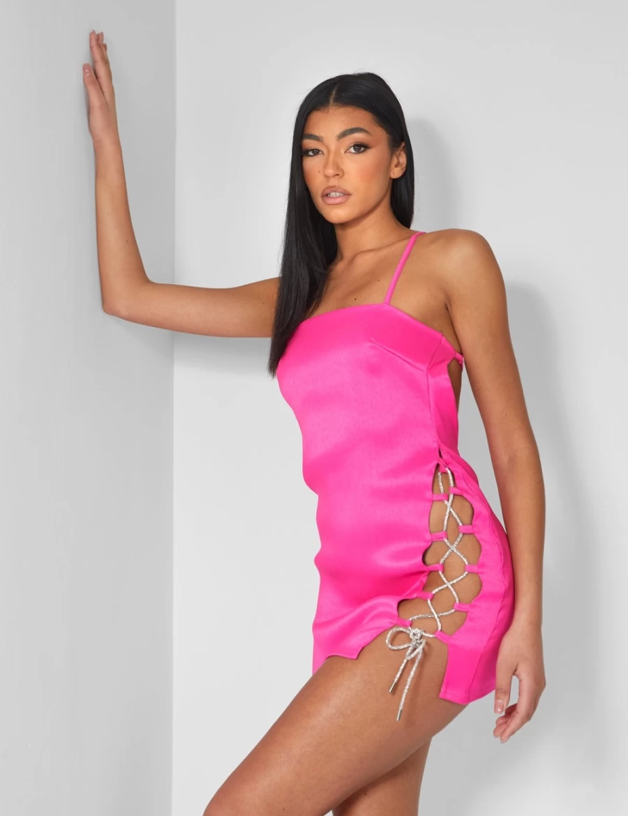 Public Desire Women's Pink Diamante Rope Square Neck Mini Dress