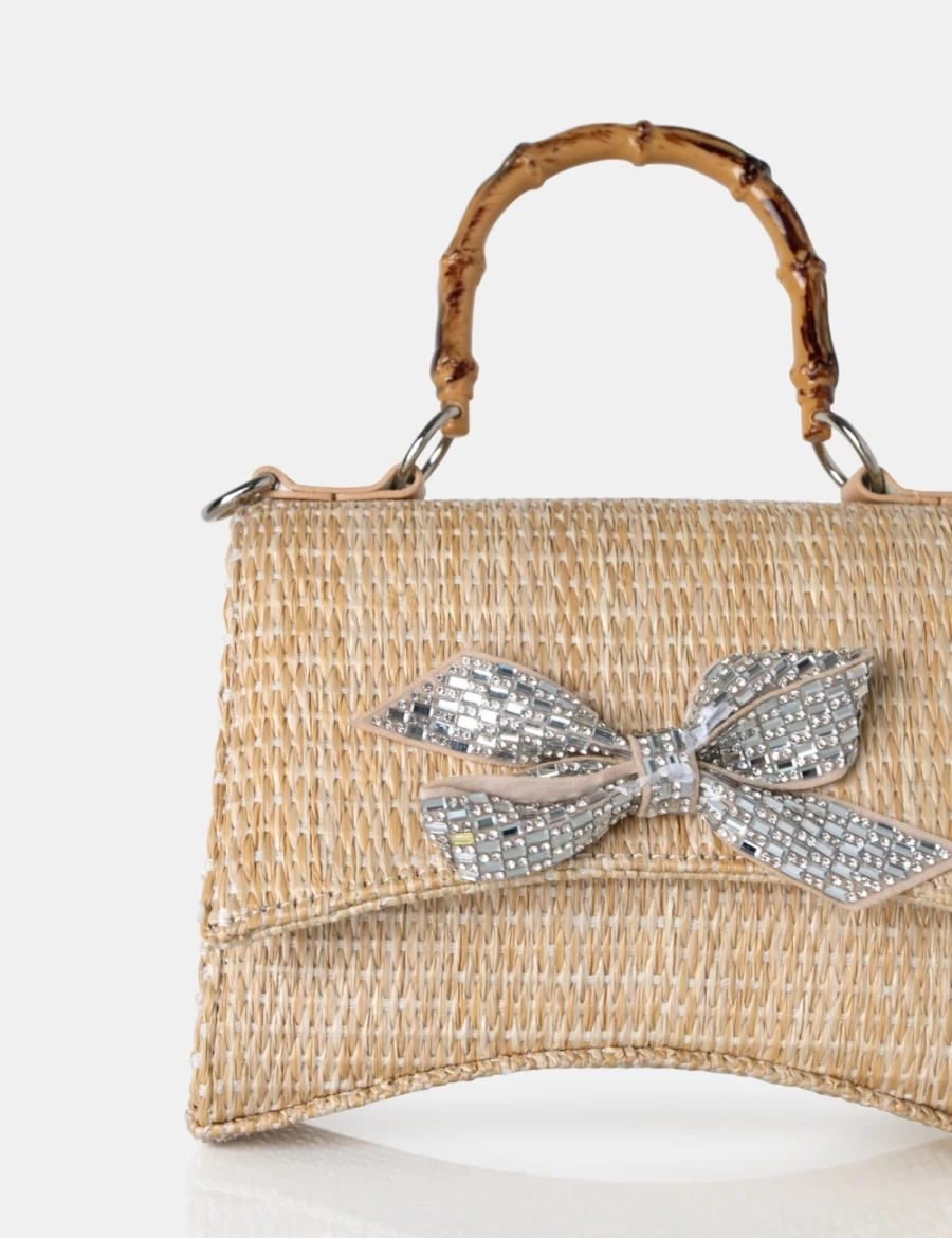 Public Desire Women's Nude Raffia Bamboo Handle Bag with Diamante Bow