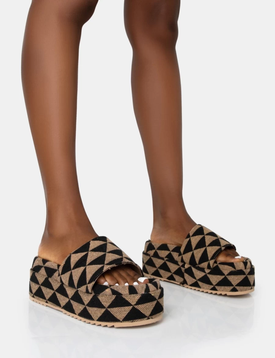 Public Desire Women's Tan Cowrie Geometric Print Platform Slide Sandals