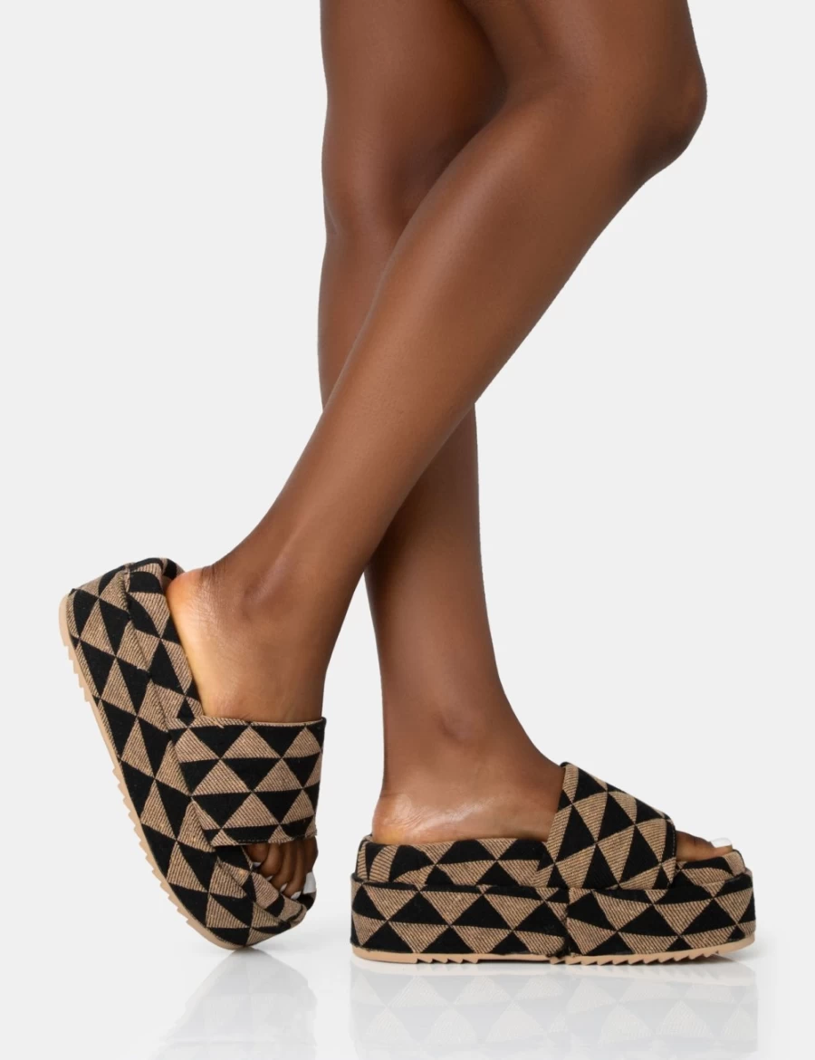 Public Desire Women's Tan Cowrie Geometric Print Platform Slide Sandals