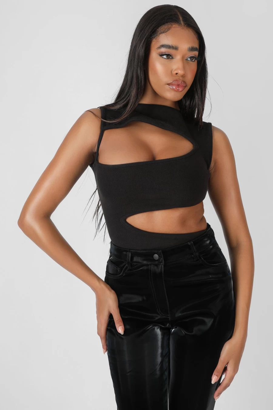 "Public Desire Women's Black Asymmetric Cut Away Bodysuit"