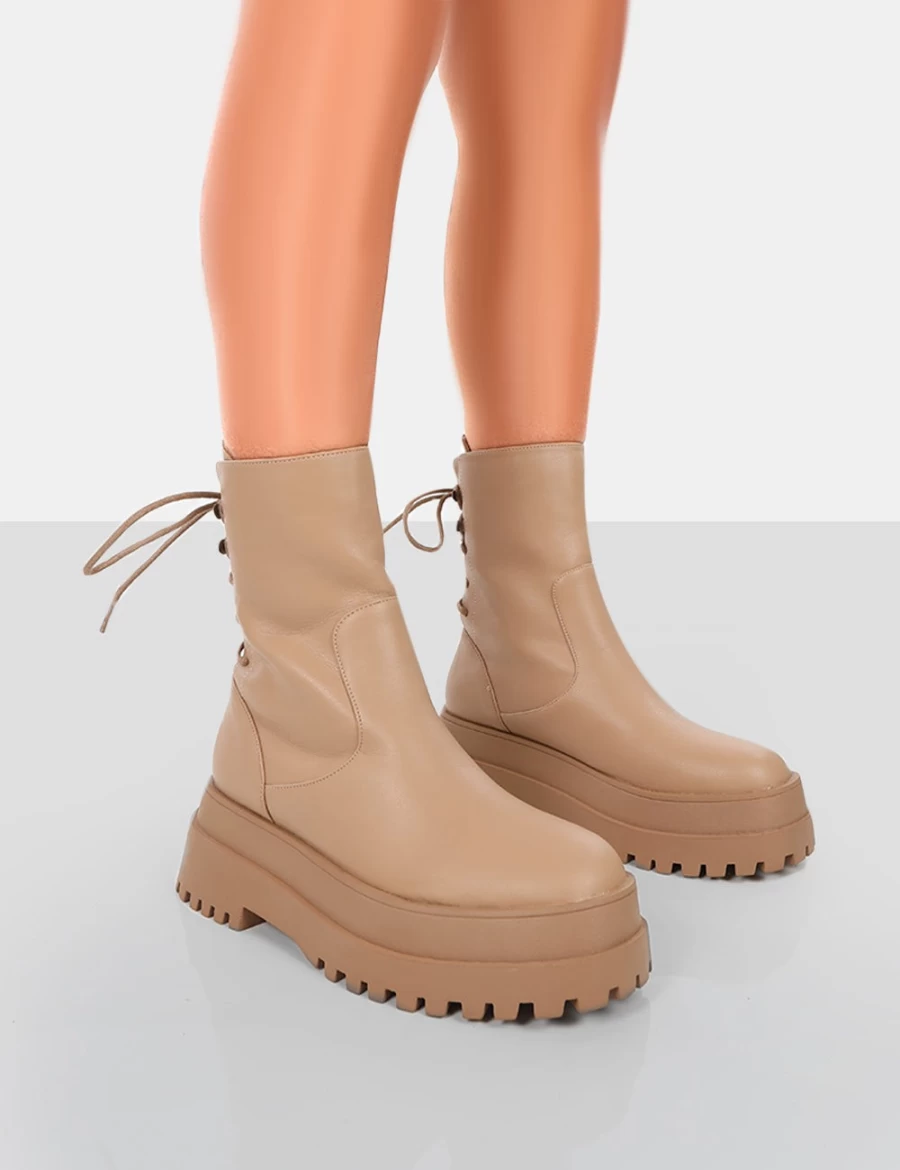 Public Desire Women's Noelle Chunky Sole Platform Ankle Boots in Camel with Lace-Up Detail