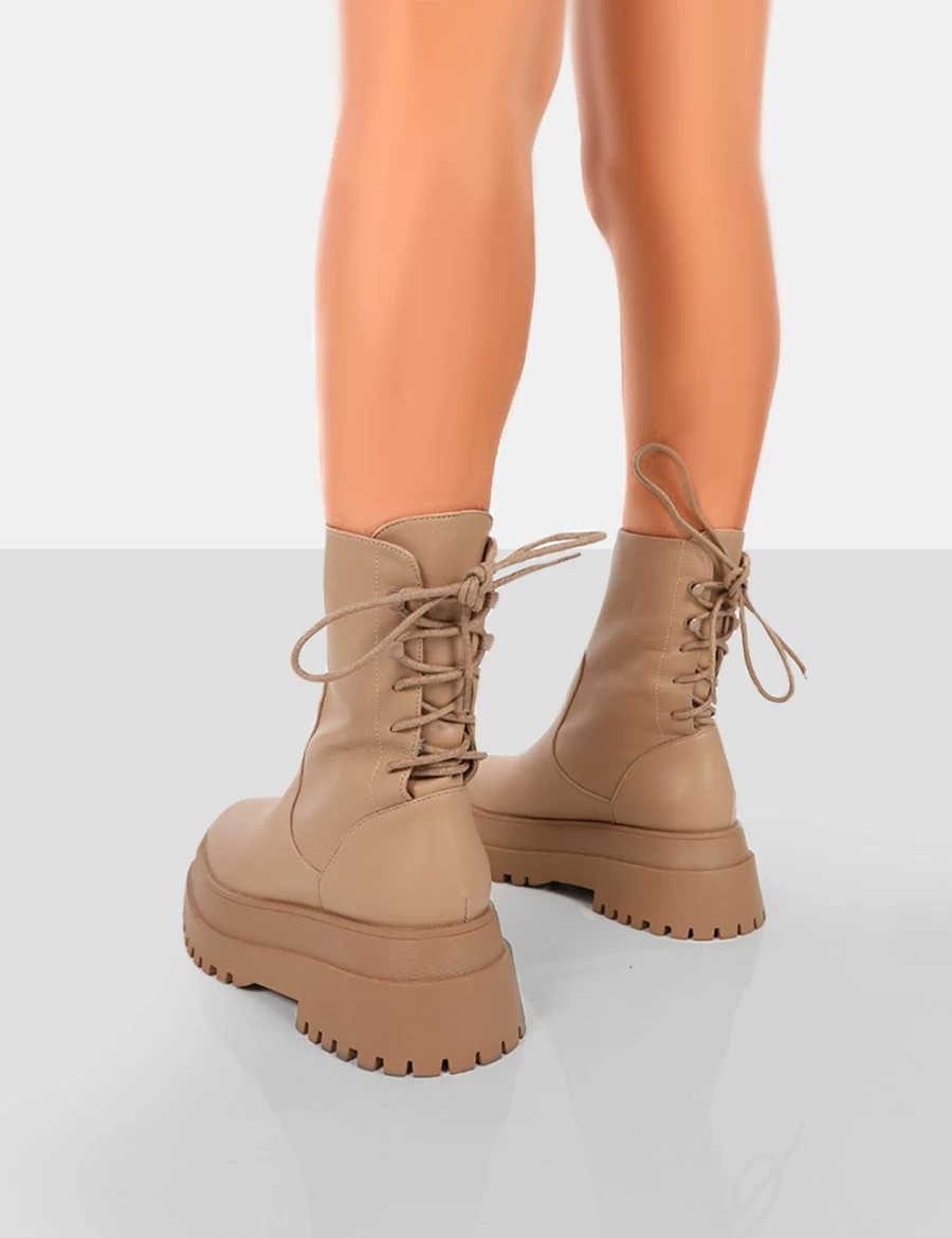 Public Desire Women's Noelle Chunky Sole Platform Ankle Boots in Camel with Lace-Up Detail