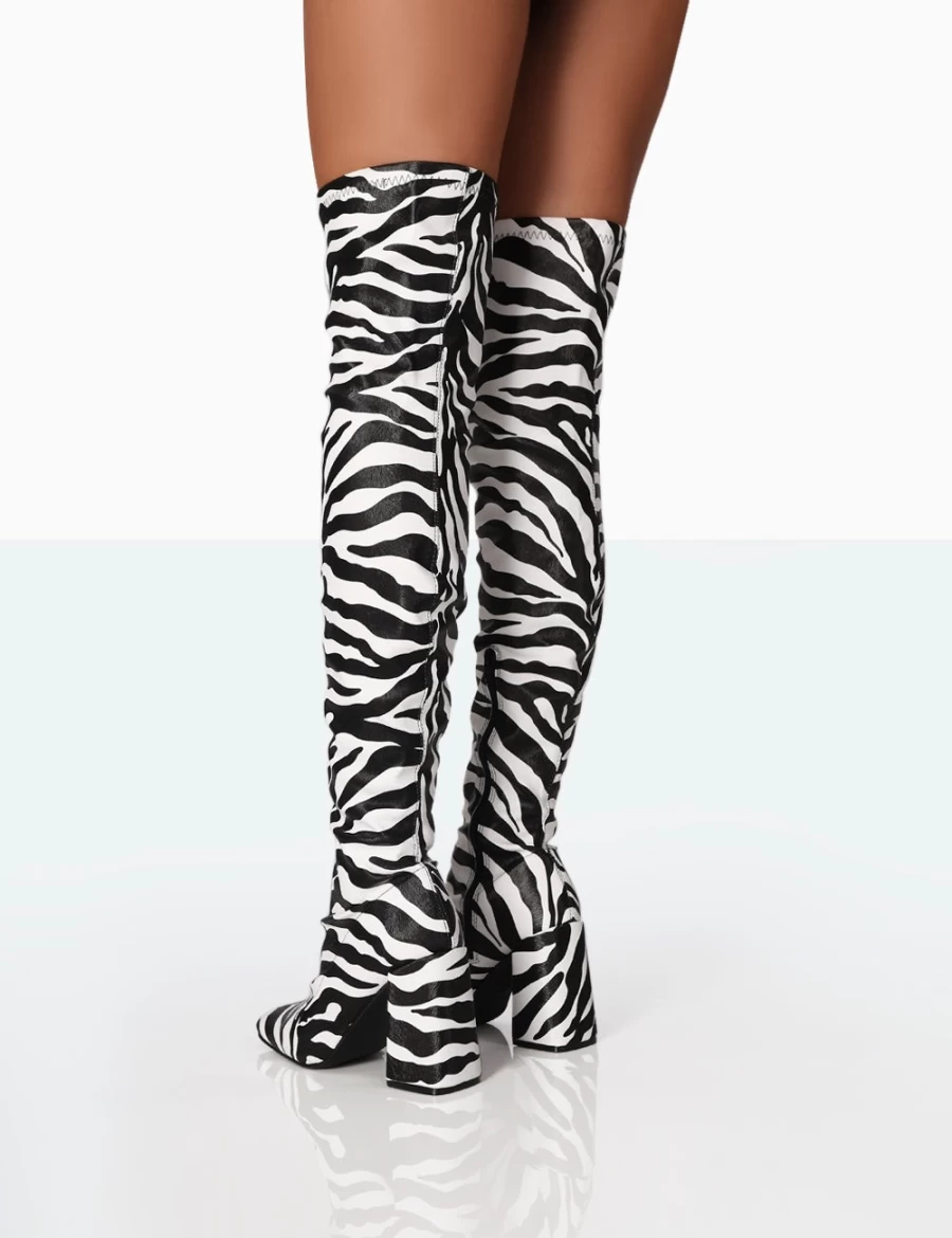 Public Desire Women's Black & White Zebra Grain PU Block Heel Over The Knee Boots