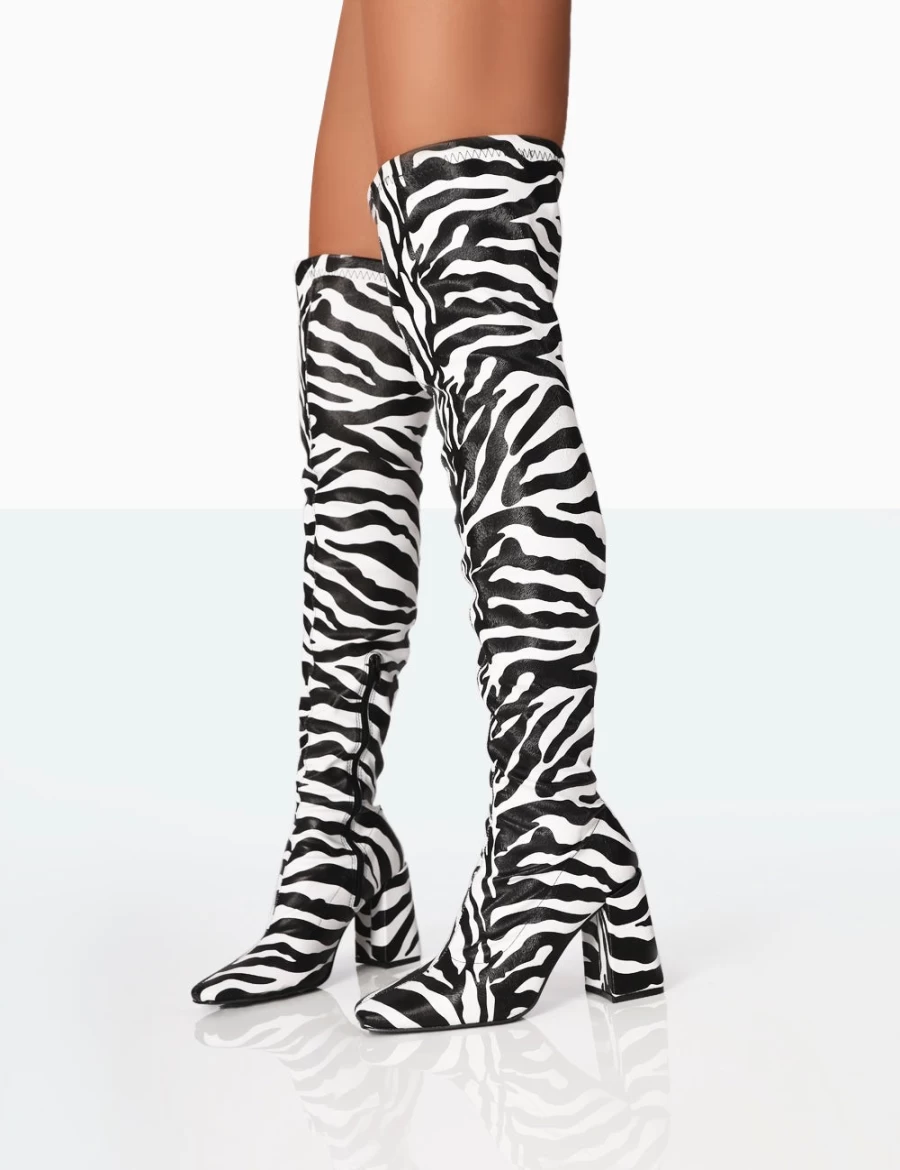 Public Desire Women's Black & White Zebra Grain PU Block Heel Over The Knee Boots