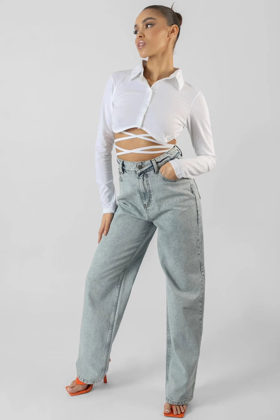 "Public Desire Women's White Cropped Polo Shirt with Strappy Tie Waist Detail"