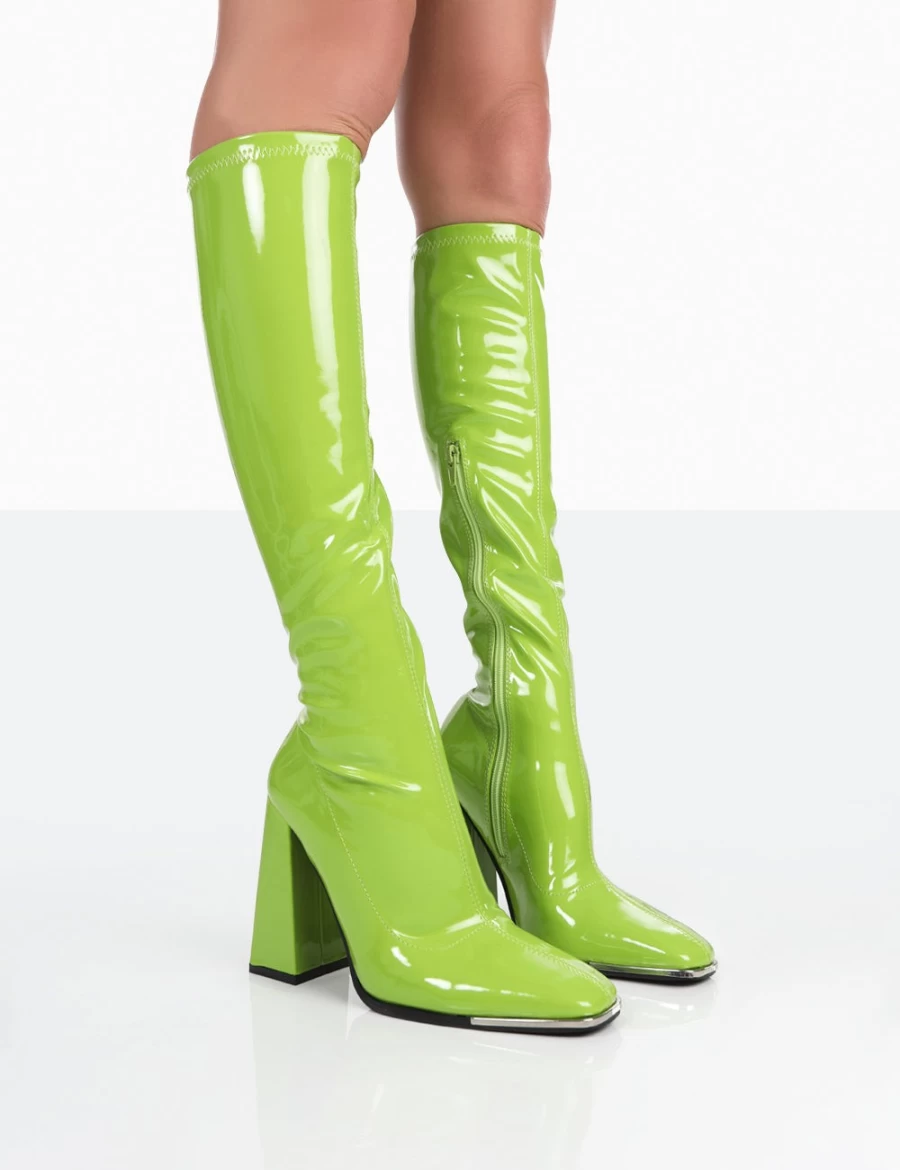 Public Desire Women's Lime Patent Knee High Block Heel Boots - Caryn Style