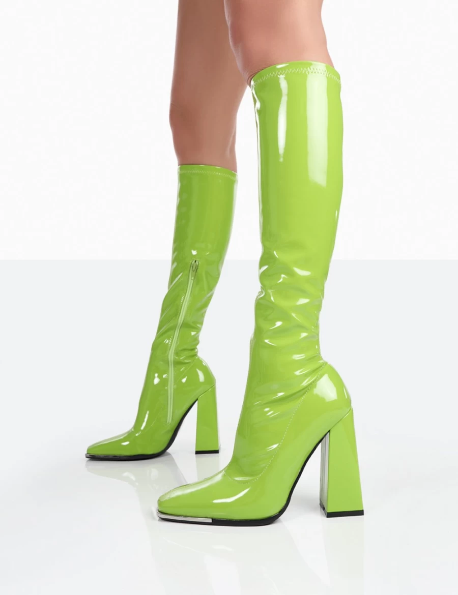 Public Desire Women's Lime Patent Knee High Block Heel Boots - Caryn Style