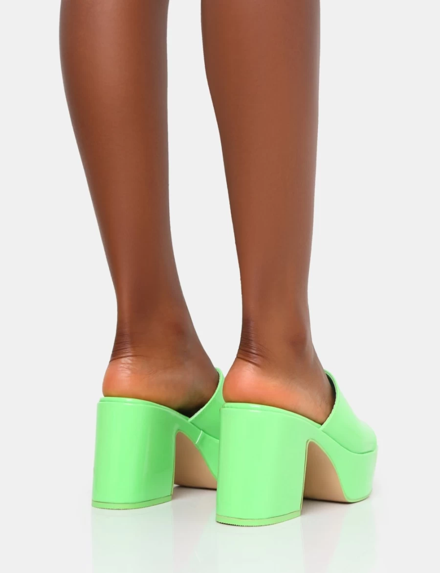 Public Desire Ariel Patent Green Chunky Heels for Women - Mid Platform Mule Shoes